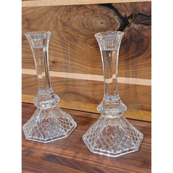 Vintage Cut Glass Crystal Candle Holders With Hexagonal Bases & Heart Detail - Picture 6 of 6